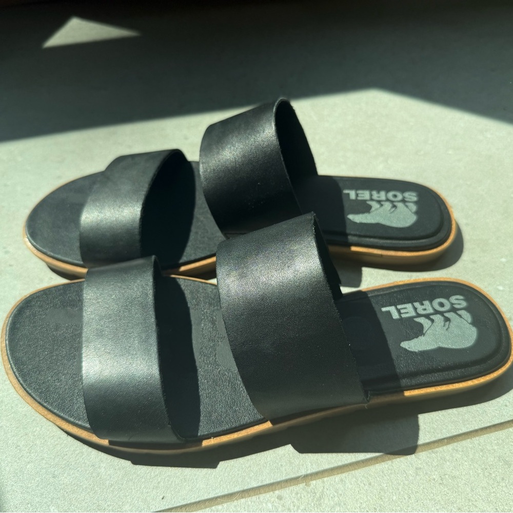 Sorel black leather slides